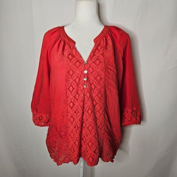Figueroa & Flower Boho Peasant Rusty Orange Lace Button Neck Top Size Medium - Picture 1 of 9
